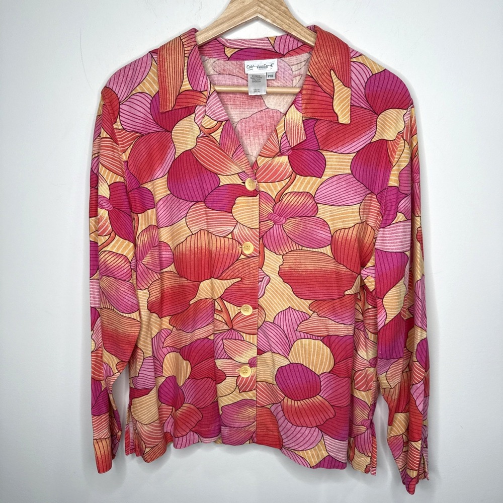 Coldwater Creek Linen Button Up Top PXL Petite Colorful‎ Long Sleeve Lagenlook